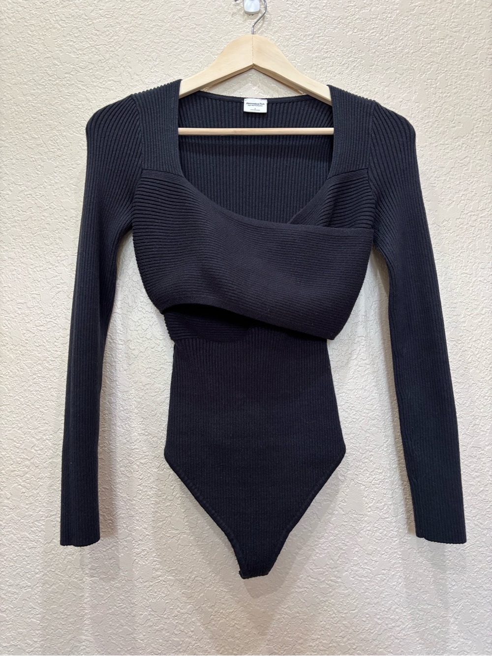 Abercrombie & Fitch LuxeLoft Wrap Bodysuit Black Ribbed Knit Long Sleeve Small